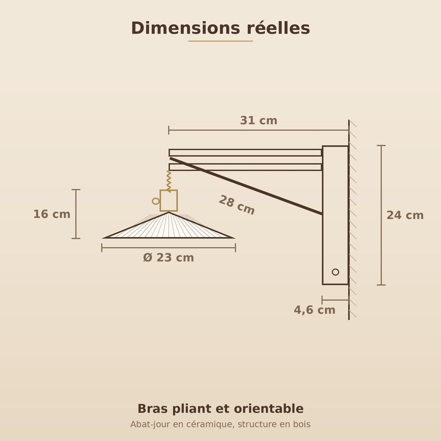 Schéma coté de l'applique murale, abat-jour 23 cm, bras 31 cm, platine murale 24 cm | Delvanie