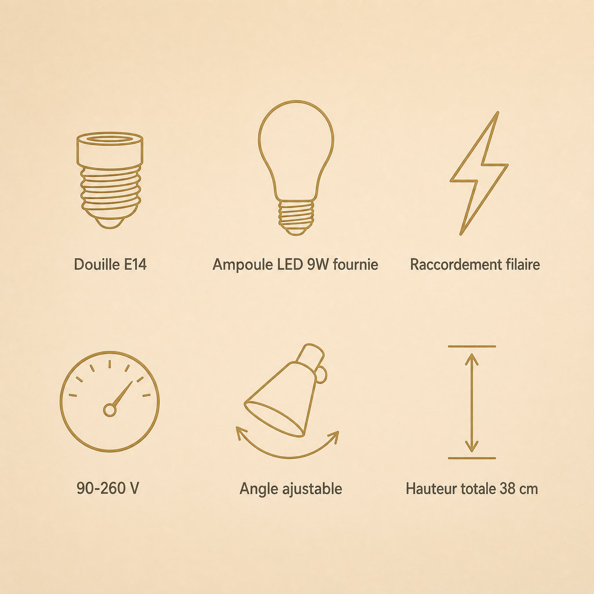 Caractéristiques de l'applique murale laiton Ottavine, douille E14 et ampoule LED fournie | Delvanie