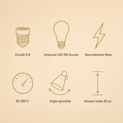 Caractéristiques de l'applique murale laiton Ottavine, douille E14 et ampoule LED fournie | Delvanie