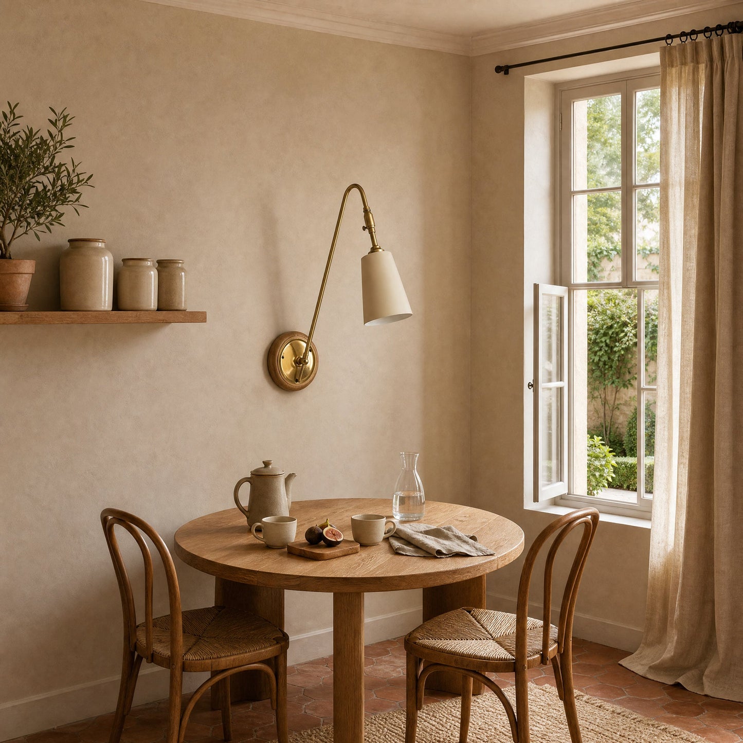 Applique murale laiton Ottavine Écru au-dessus d'une table ronde de coin petit-déjeuner | Delvanie