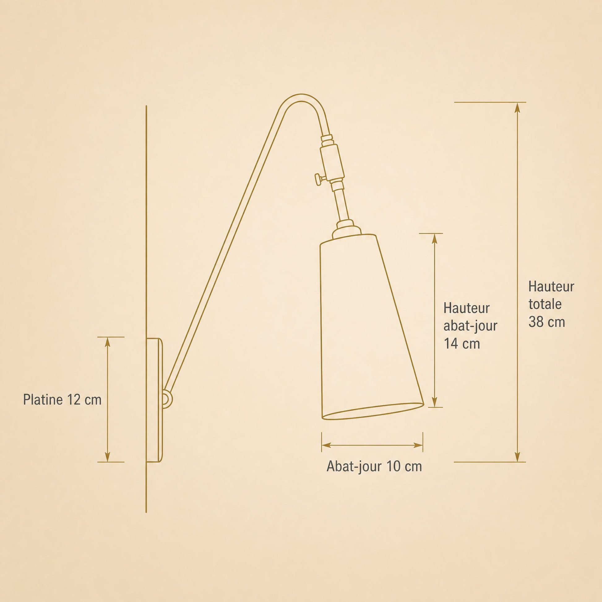 Schéma coté de l'applique murale laiton Ottavine, platine 12 cm et hauteur totale 38 cm | Delvanie