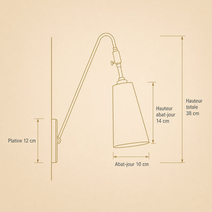 Schéma coté de l'applique murale laiton Ottavine, platine 12 cm et hauteur totale 38 cm | Delvanie