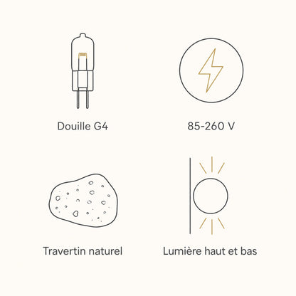 Caractéristiques de l'applique murale en pierre : douille G4, 85-260 V, travertin naturel, lumière haut et bas | Delvanie