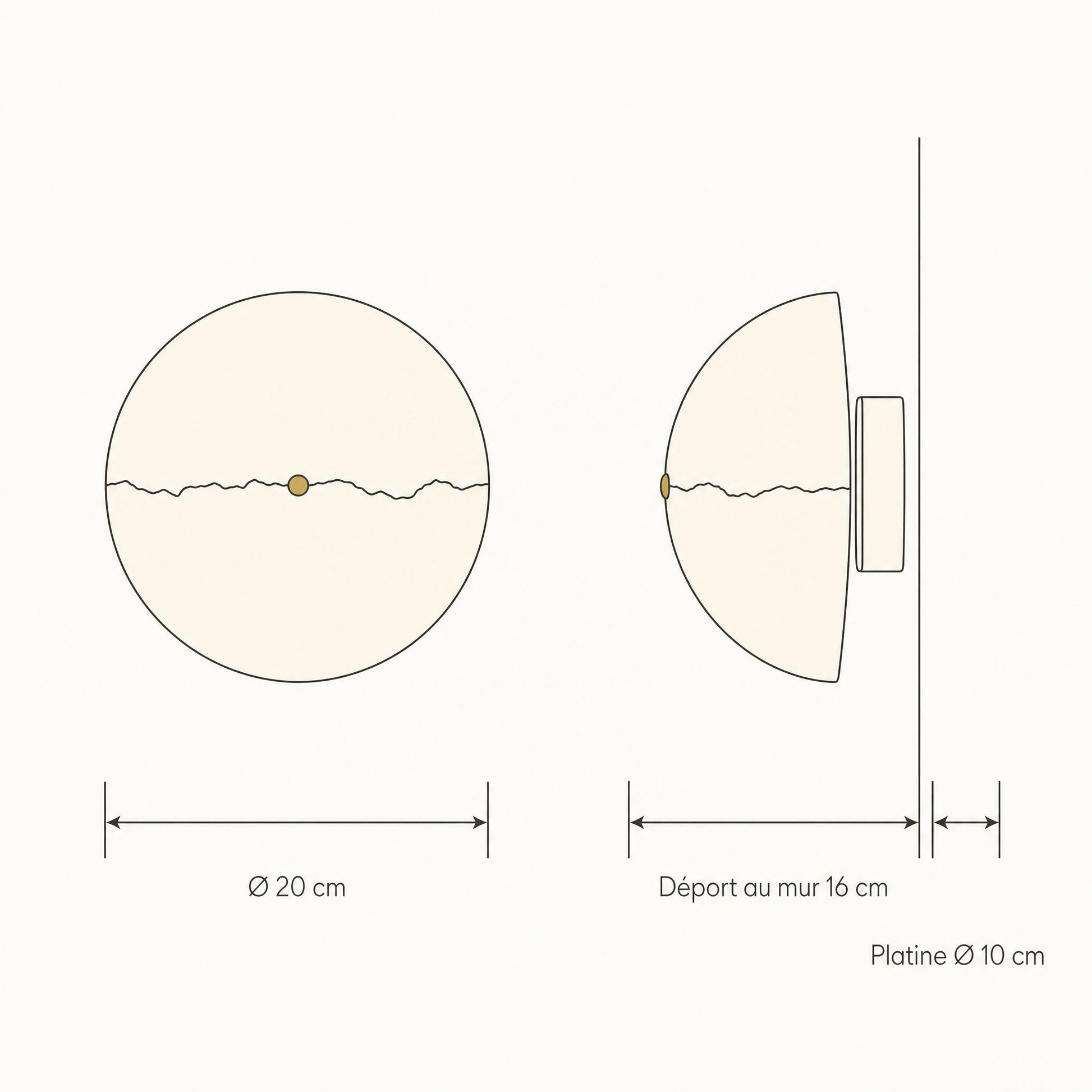 Schéma coté de l'applique murale en pierre : Ø 20 cm, déport au mur 16 cm, platine Ø 10 cm | Delvanie