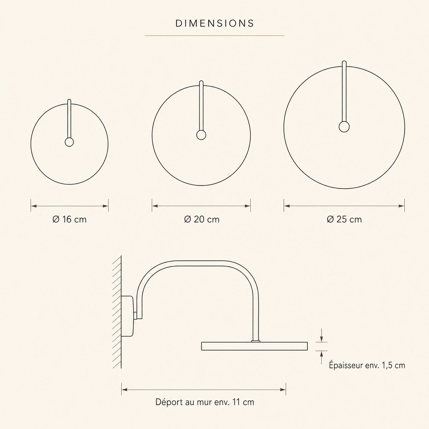 Schéma coté de l'applique murale en marbre, Ø 16, 20 et 25 cm, déport au mur 11 cm | Delvanie