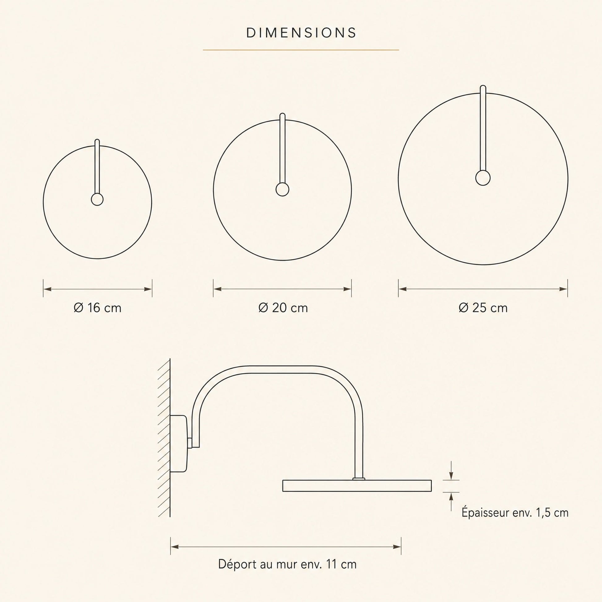 Schéma coté de l'applique murale en marbre, Ø 16, 20 et 25 cm, déport au mur 11 cm | Delvanie