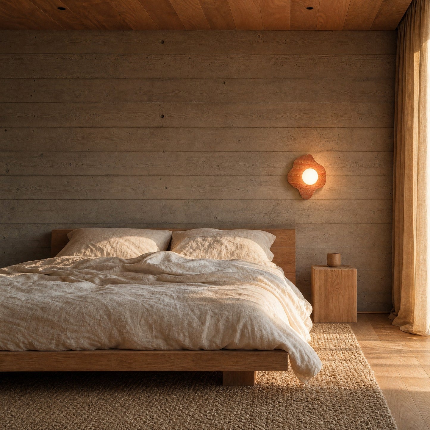 Applique murale terracotta allumée sur un mur de béton banché dans une chambre en fin de journée | Delvanie