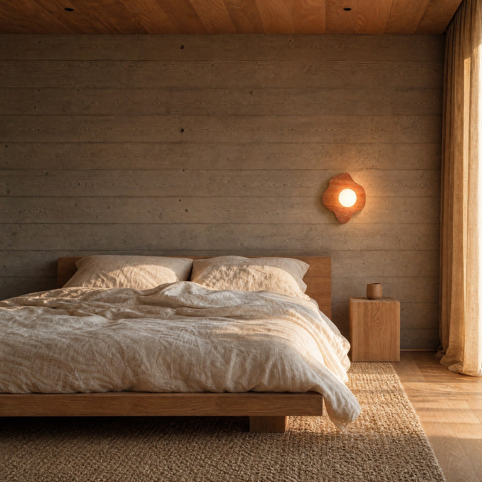 Applique murale terracotta allumée sur un mur de béton banché dans une chambre en fin de journée | Delvanie