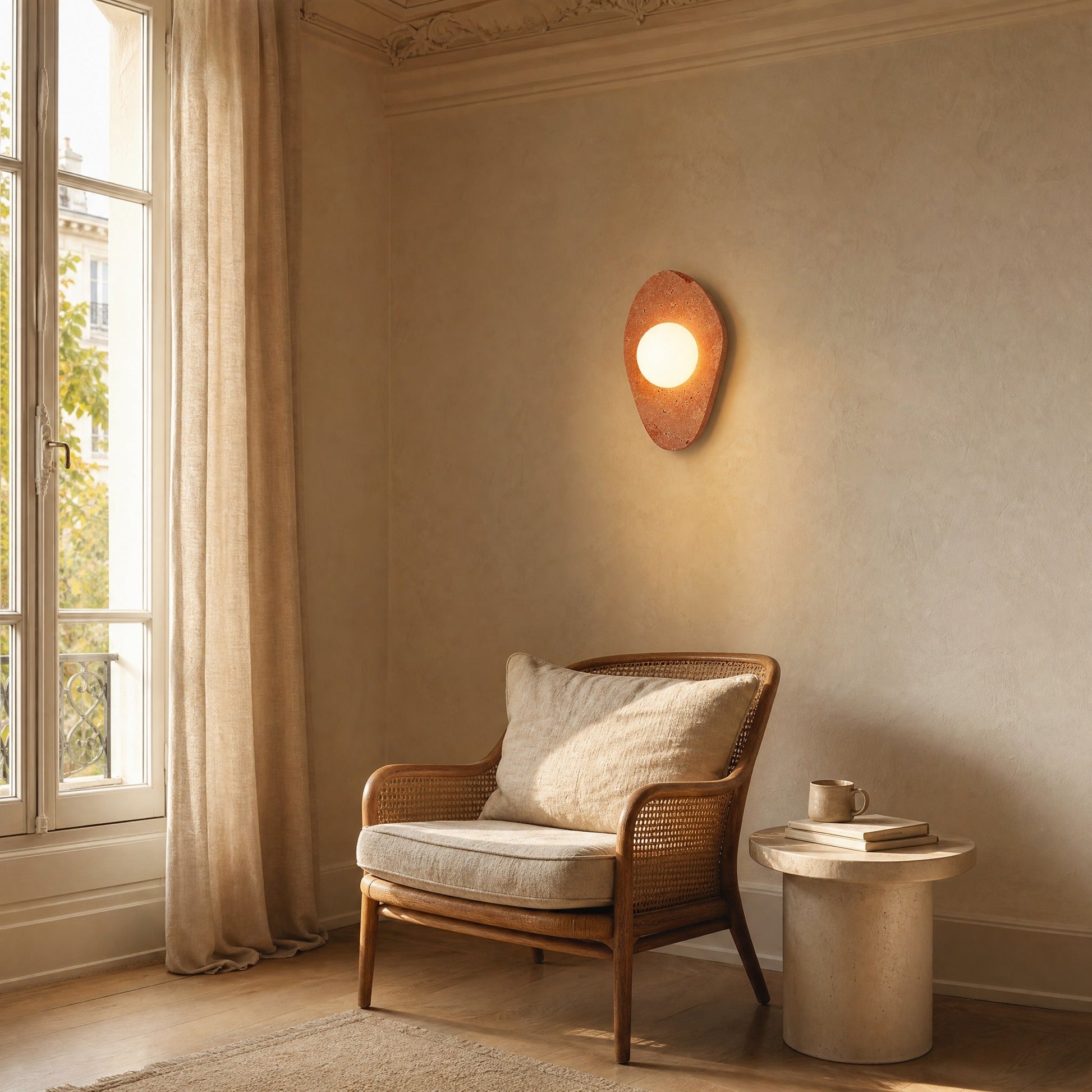 Applique murale terracotta format Galet allumée au-dessus d'un fauteuil en cannage dans un coin lecture | Delvanie
