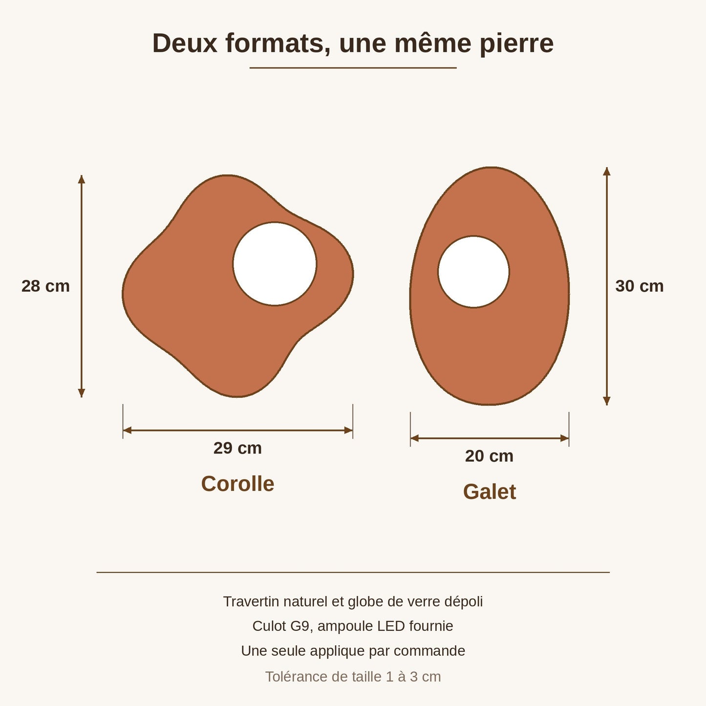 Schéma coté des deux formats d'applique murale terracotta, Corolle 29 x 28 cm et Galet 20 x 30 cm | Delvanie