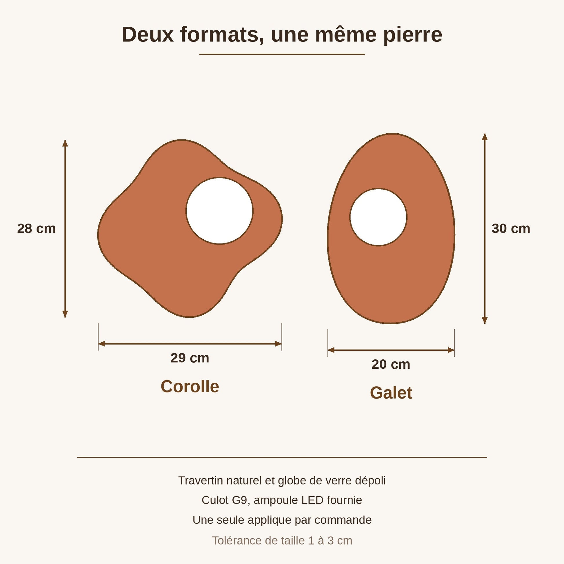 Schéma coté des deux formats d'applique murale terracotta, Corolle 29 x 28 cm et Galet 20 x 30 cm | Delvanie