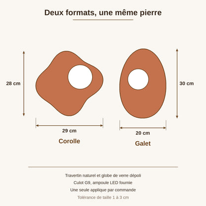 Schéma coté des deux formats d'applique murale terracotta, Corolle 29 x 28 cm et Galet 20 x 30 cm | Delvanie