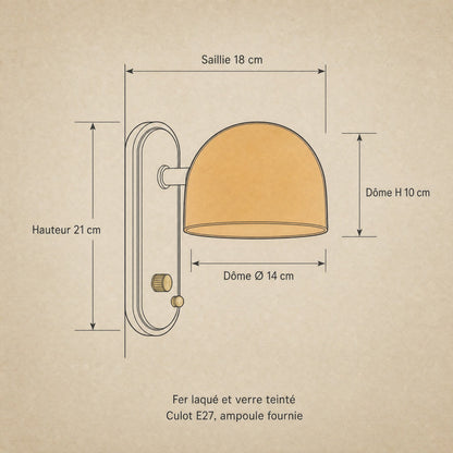 Schéma coté de l'applique murale Nurako, hauteur 21 cm, dôme Ø 14 cm et hauteur 10 cm, saillie 18 cm | Delvanie