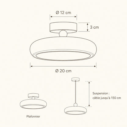 Dimensions du plafonnier Prismya, Ø 20 cm, plafonnier ou suspension | Delvanie