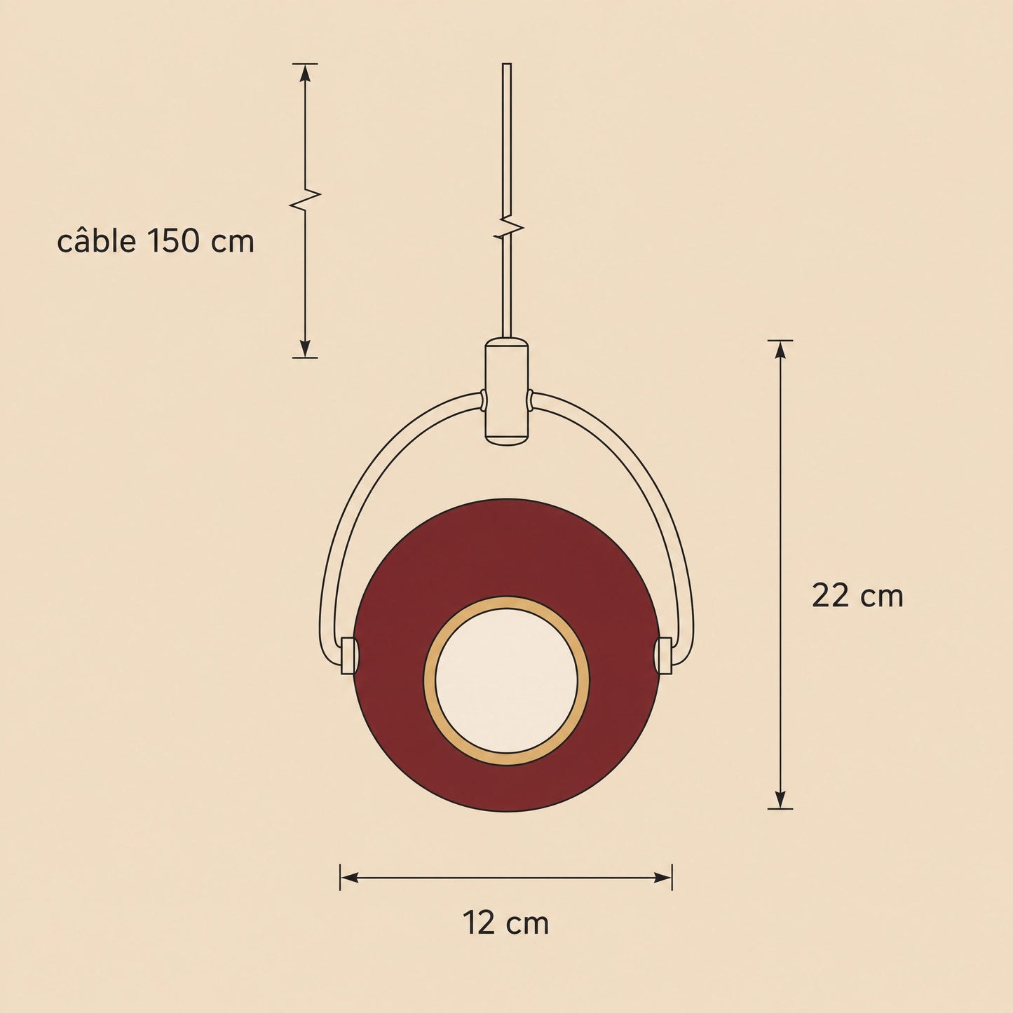 Schéma coté de la suspension Eravia, globe 12 cm, hauteur 22 cm, câble 150 cm ajustable | Delvanie