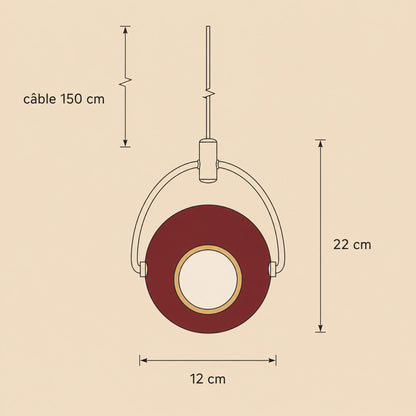 Schéma coté de la suspension Eravia, globe 12 cm, hauteur 22 cm, câble 150 cm ajustable | Delvanie