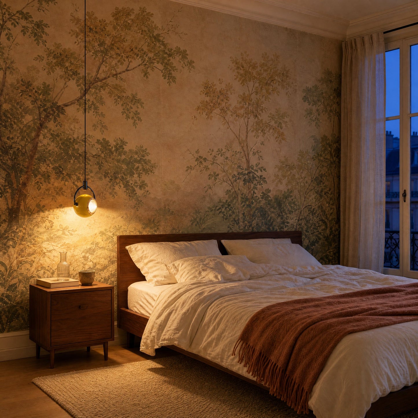 Lampe suspendue de chambre Eravia jaune allumée au-dessus d'une table de chevet en noyer, mur de papier peint panoramique | Delvanie
