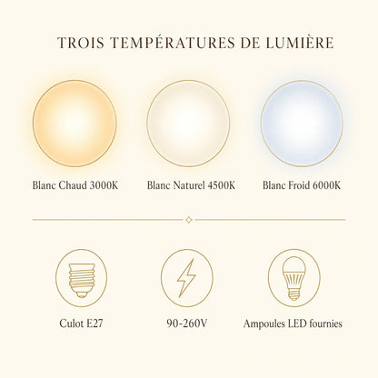 Trois températures de lumière du plafonnier Kryséa : blanc chaud, naturel, froid | Delvanie