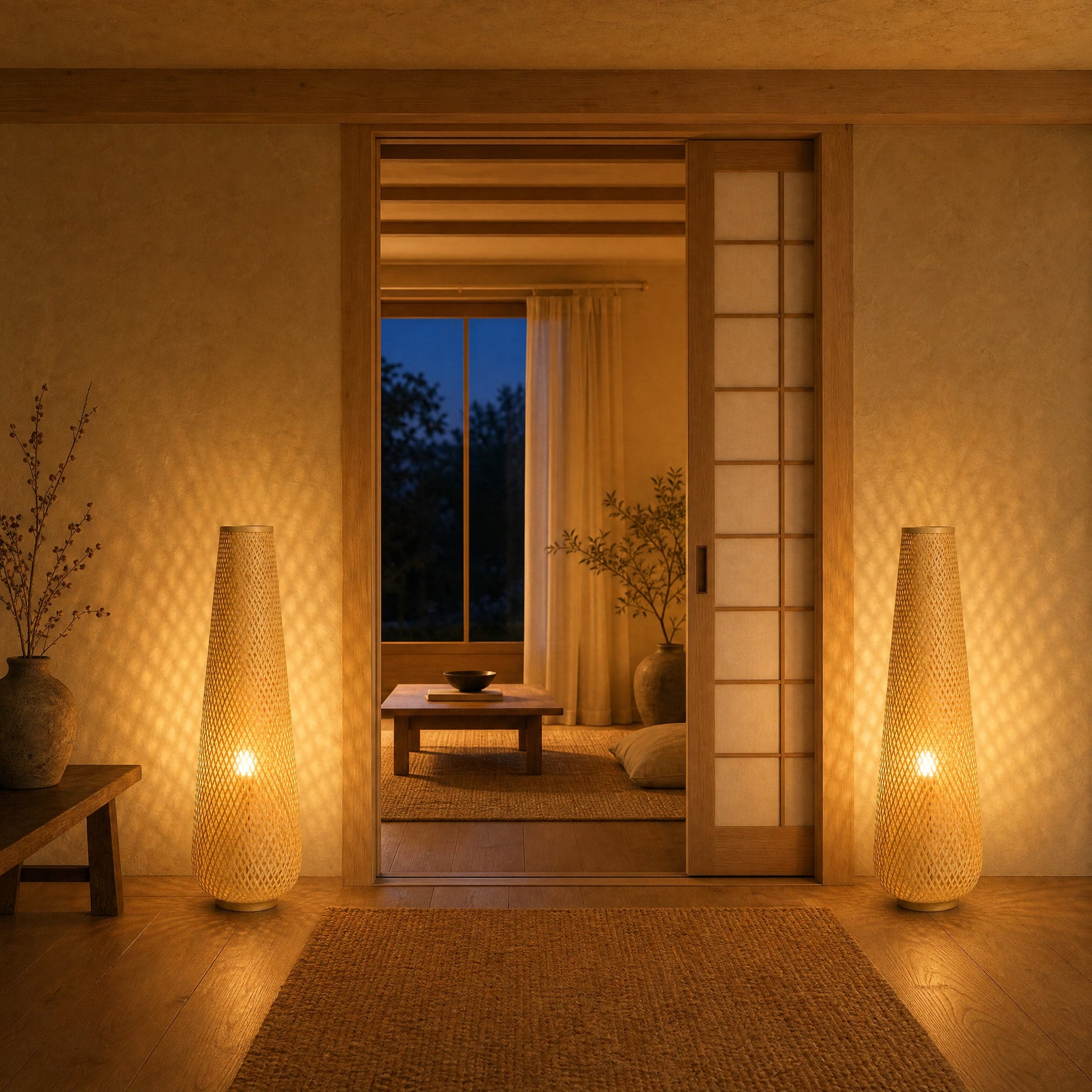 Paire de lampadaires bambou Yanoki allumés de part et d autre d une porte coulissante japonaise | Delvanie