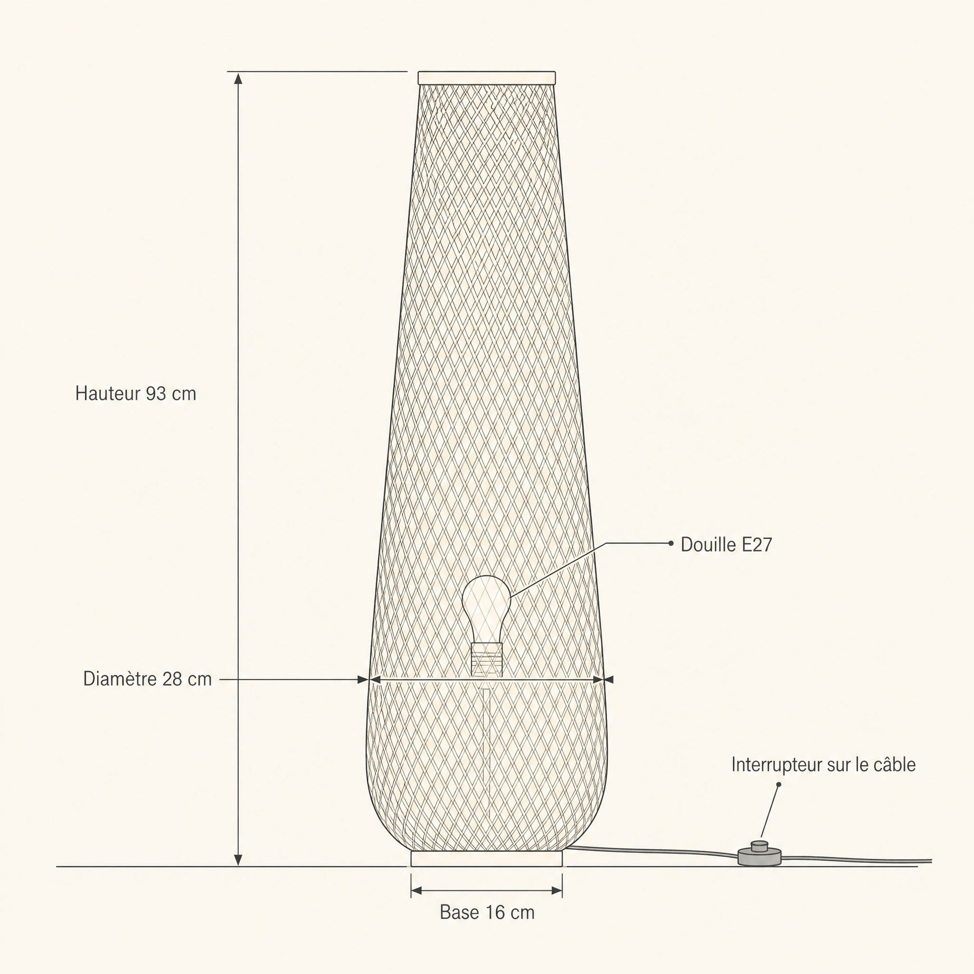 Schéma coté du lampadaire bambou Yanoki, hauteur 93 cm, diamètre 28 cm, base 16 cm, douille E27 | Delvanie