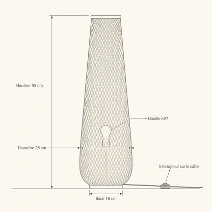 Schéma coté du lampadaire bambou Yanoki, hauteur 93 cm, diamètre 28 cm, base 16 cm, douille E27 | Delvanie