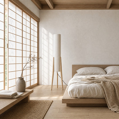 Lampadaire finition bois clair dans une chambre japandi à cloison shoji | Delvanie