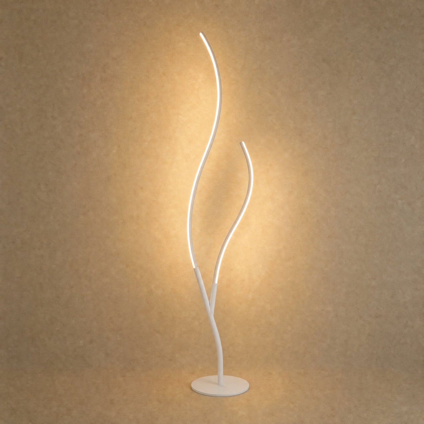 Lampadaire LED Ramillo en finition blanc mat, deux branches ondulantes, 145 cm | Delvanie