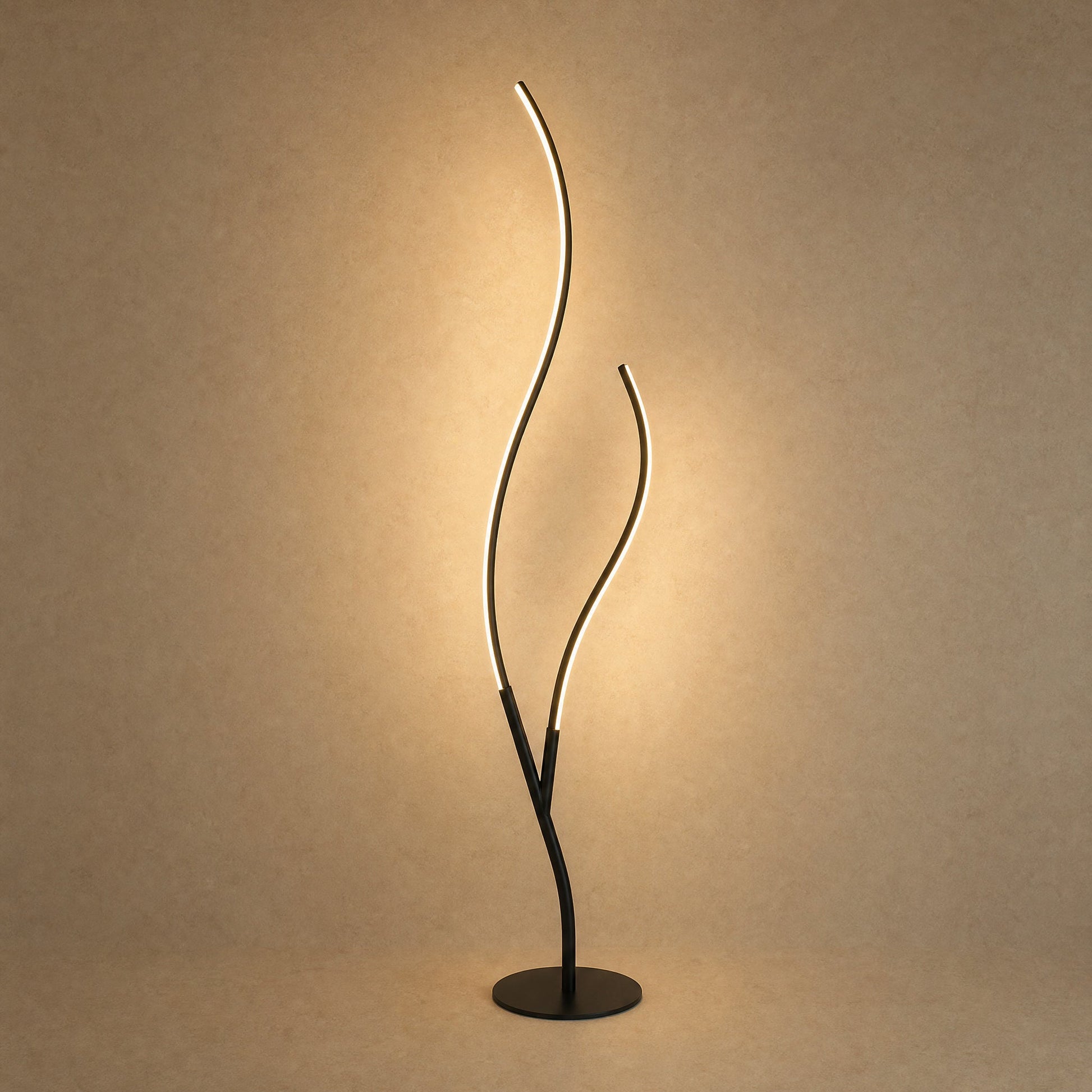 Lampadaire LED Ramillo, deux branches ondulantes en aluminium noir mat, 145 cm | Delvanie