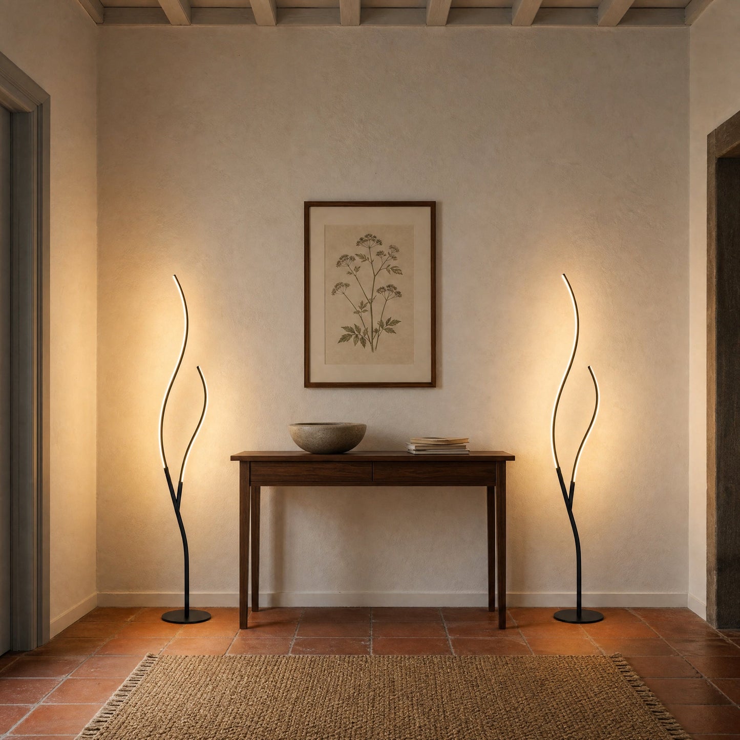 Paire de lampadaires LED Ramillo allumés de part et d'autre d'une console d'entrée | Delvanie