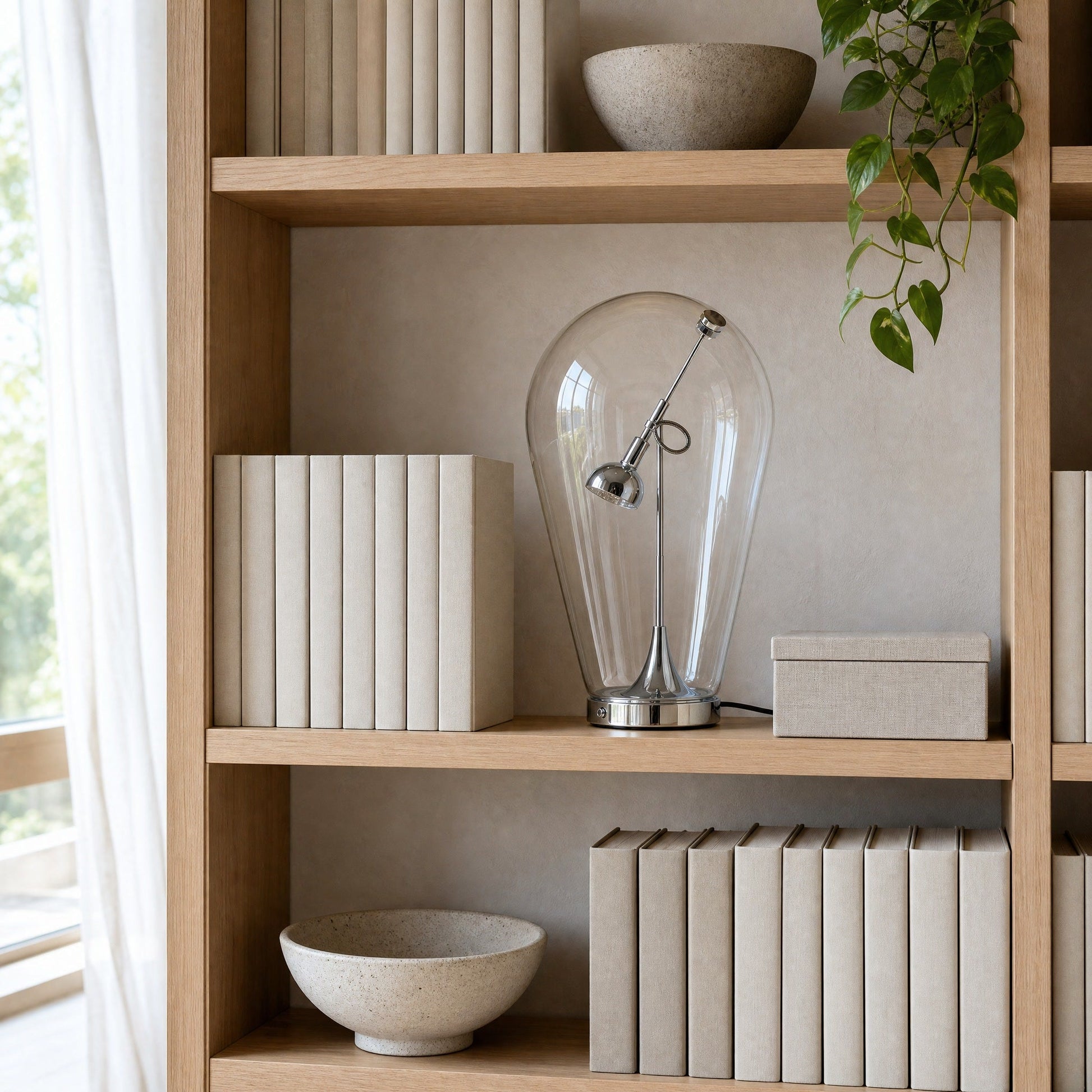 Lampe chromée posée sur une étagère de bibliothèque japandi en plein jour | Delvanie
