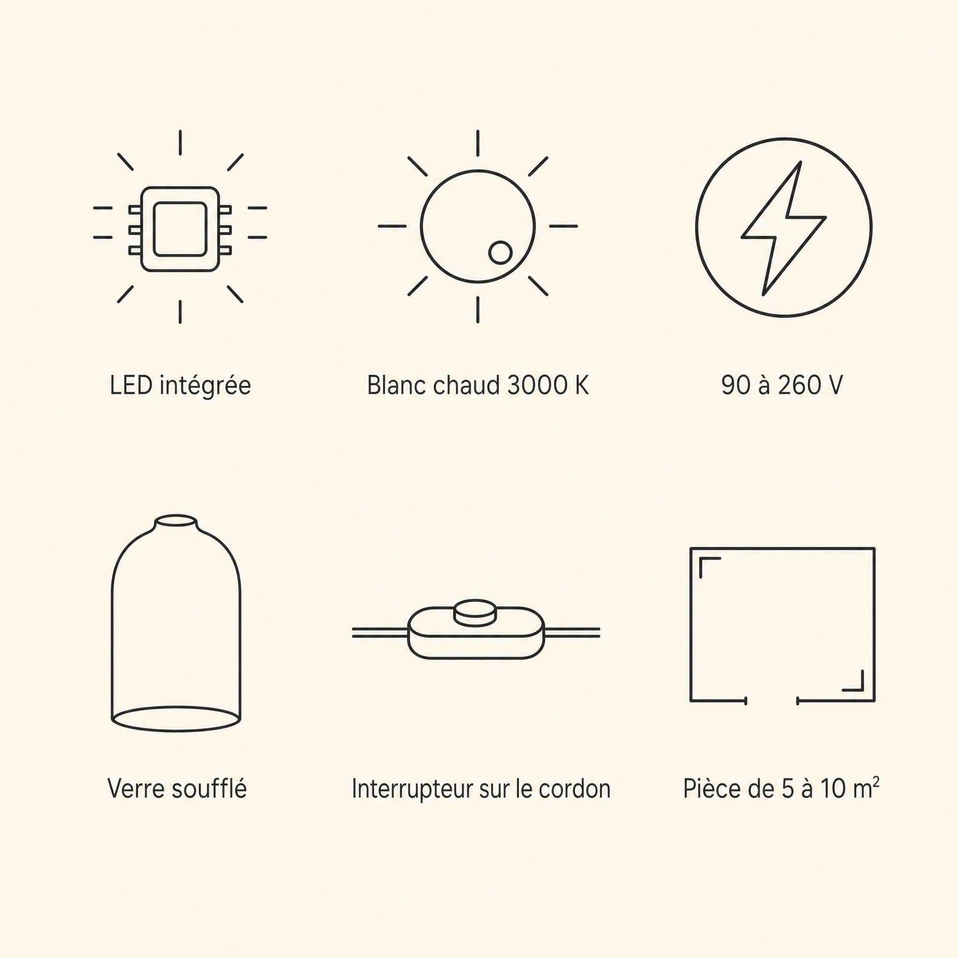 Caractéristiques de la lampe chromée, LED intégrée, blanc chaud 3000 K, 90 à 260 V | Delvanie