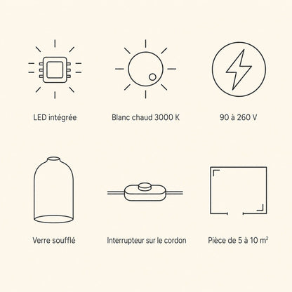 Caractéristiques de la lampe chromée, LED intégrée, blanc chaud 3000 K, 90 à 260 V | Delvanie