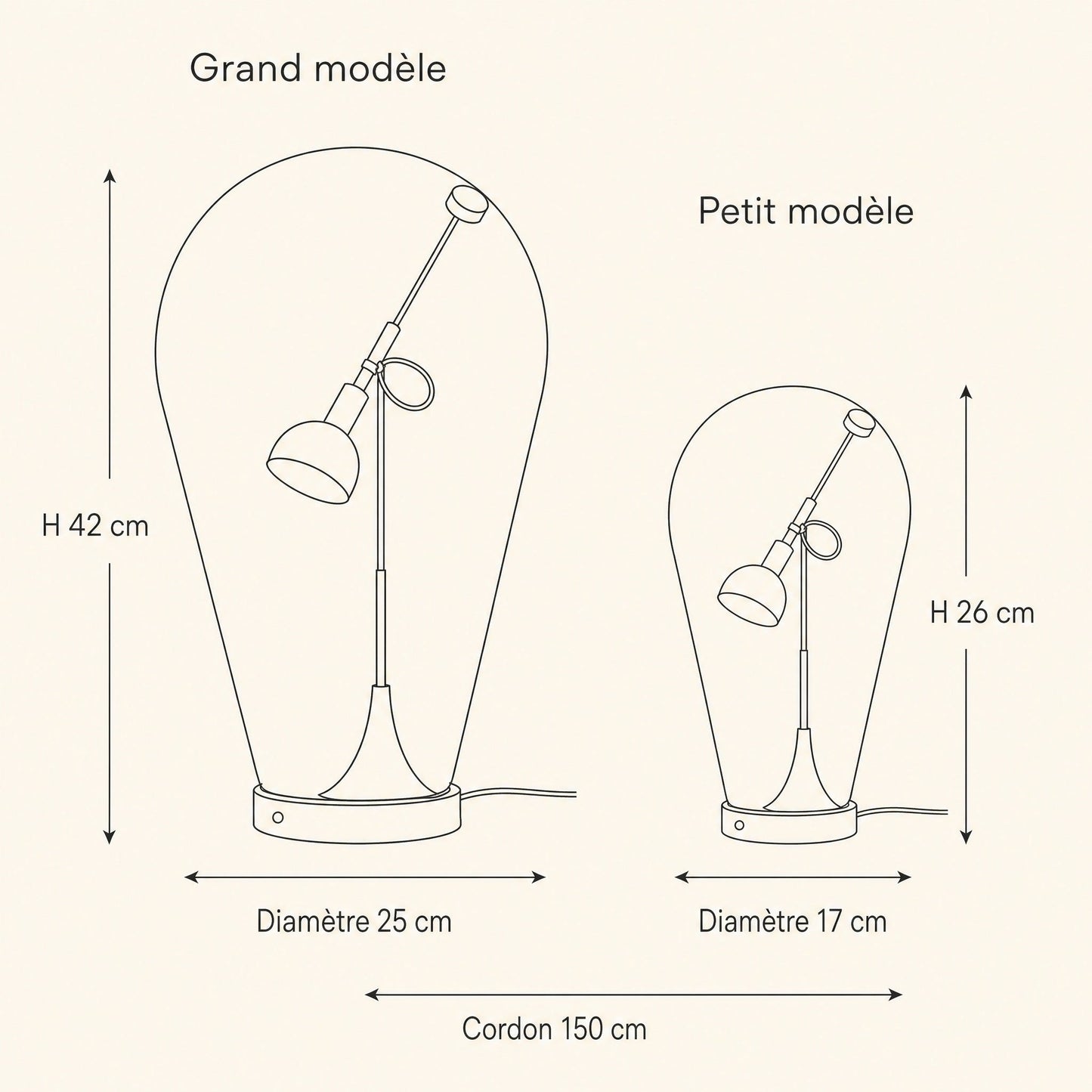 Schéma coté de la lampe chromée, grand modèle et petit modèle | Delvanie