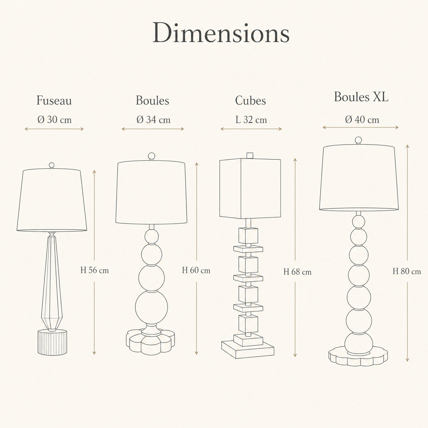Dimensions des quatre silhouettes de la lampe Perlanya | Delvanie
