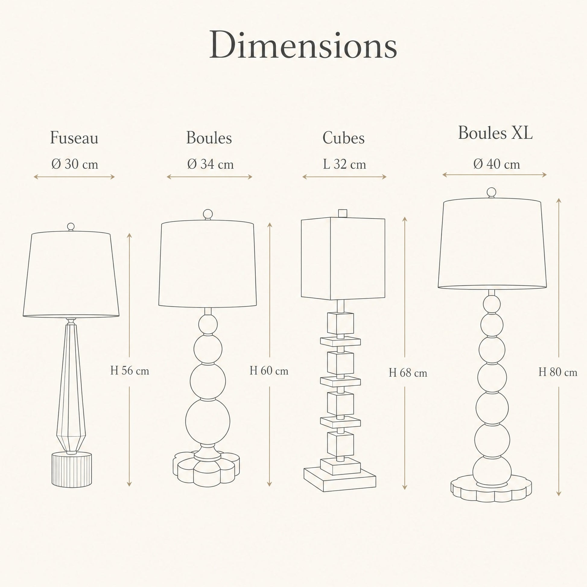 Dimensions des quatre silhouettes de la lampe Perlanya | Delvanie