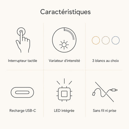 Caractéristiques de la lampe Sévali, interrupteur tactile, variateur, trois blancs, recharge USB-C, LED intégrée, sans fil | Delvanie
