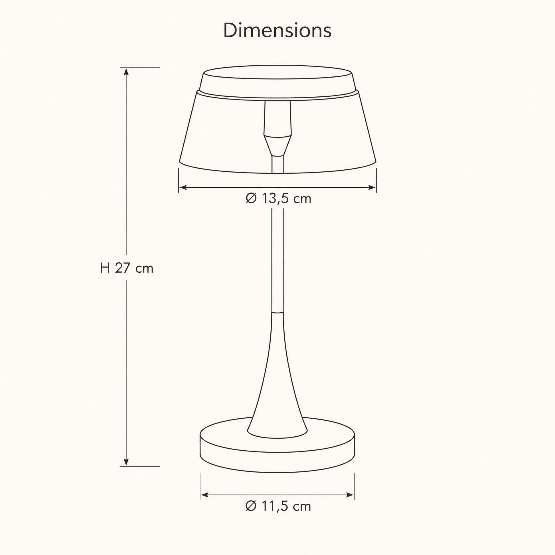Schéma coté de la lampe rechargeable Sévali, abat-jour 13,5 cm, hauteur 27 cm, socle 11,5 cm | Delvanie