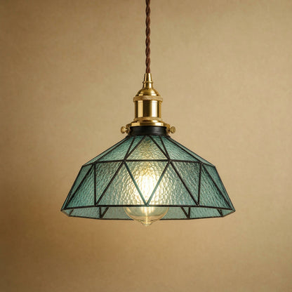 Lampe vitrail Mosaira, coupole facettée en verre bleu vert et plomb noir | Delvanie