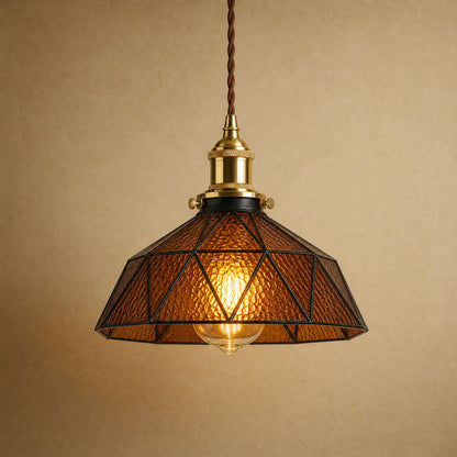 Lampe vitrail Mosaira, coupole facettée en verre cathédrale brun thé sertie de plomb noir | Delvanie