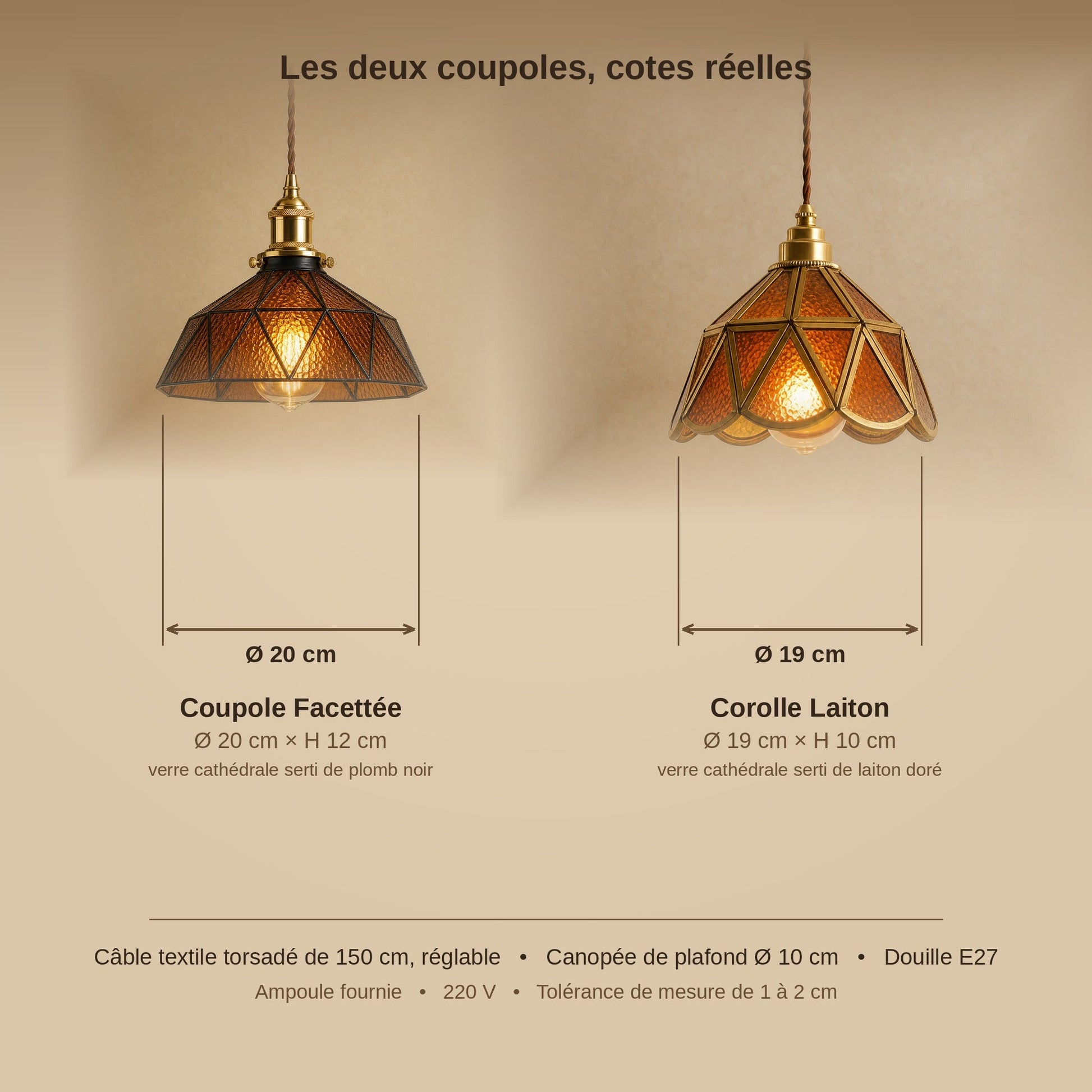 Schéma coté des deux coupoles Mosaira, Ø 20 cm et Ø 19 cm, câble de 150 cm | Delvanie