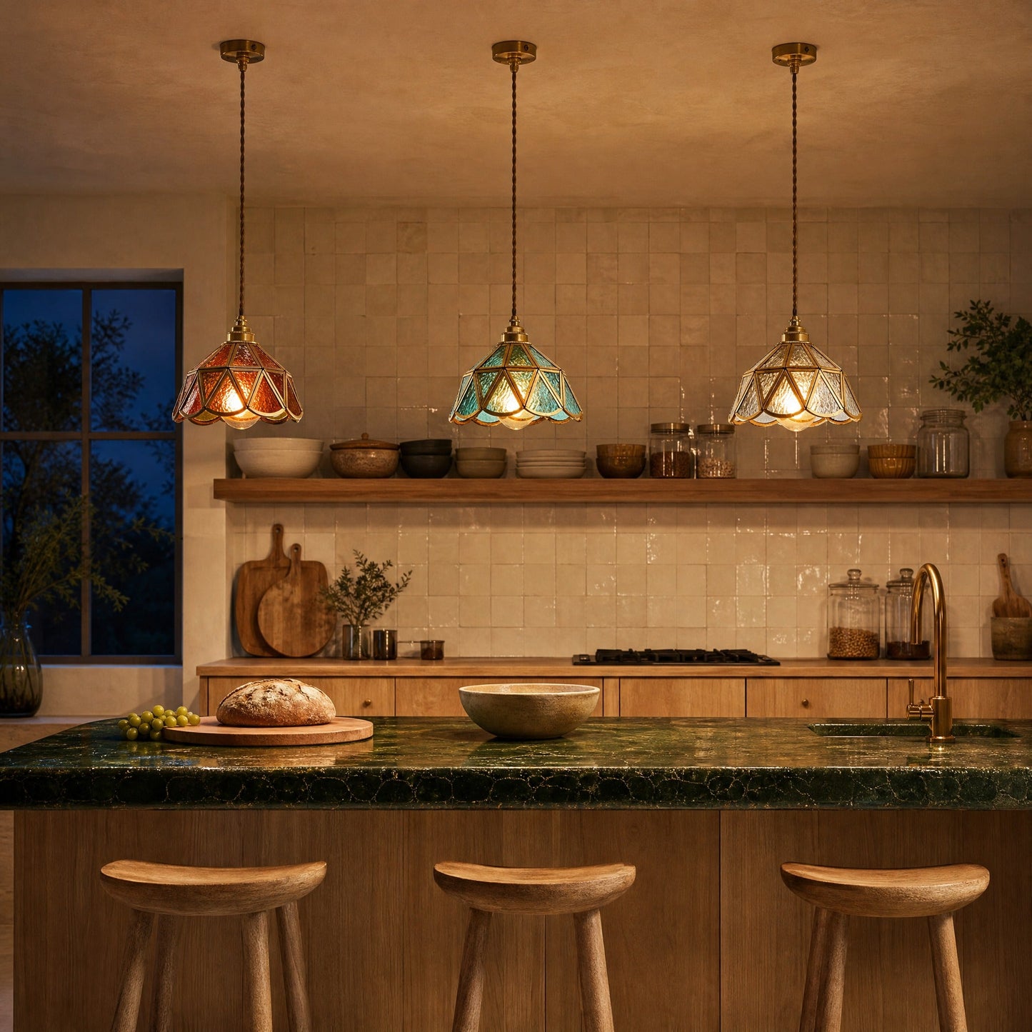 Trois lampes vitrail Mosaira alignées au-dessus d'un îlot de cuisine vert forêt | Delvanie