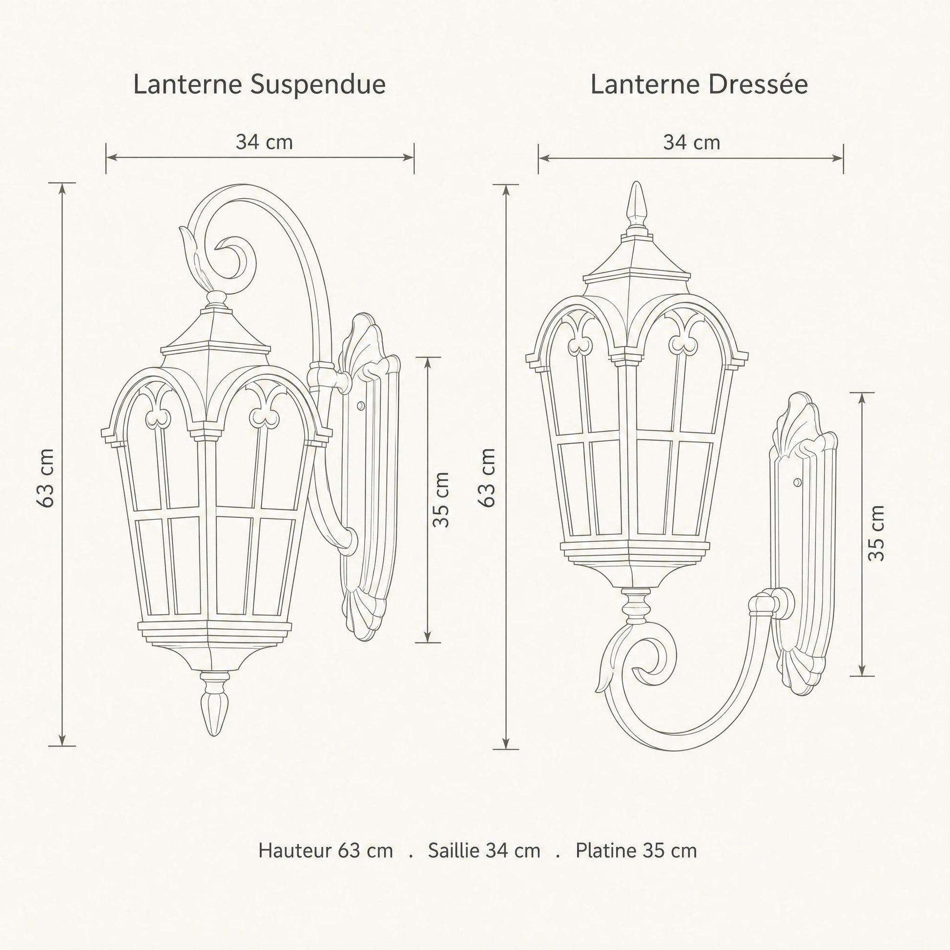 Schéma coté de la lanterne murale extérieure Portessa, hauteur 63 cm, saillie 34 cm, platine 35 cm | Delvanie