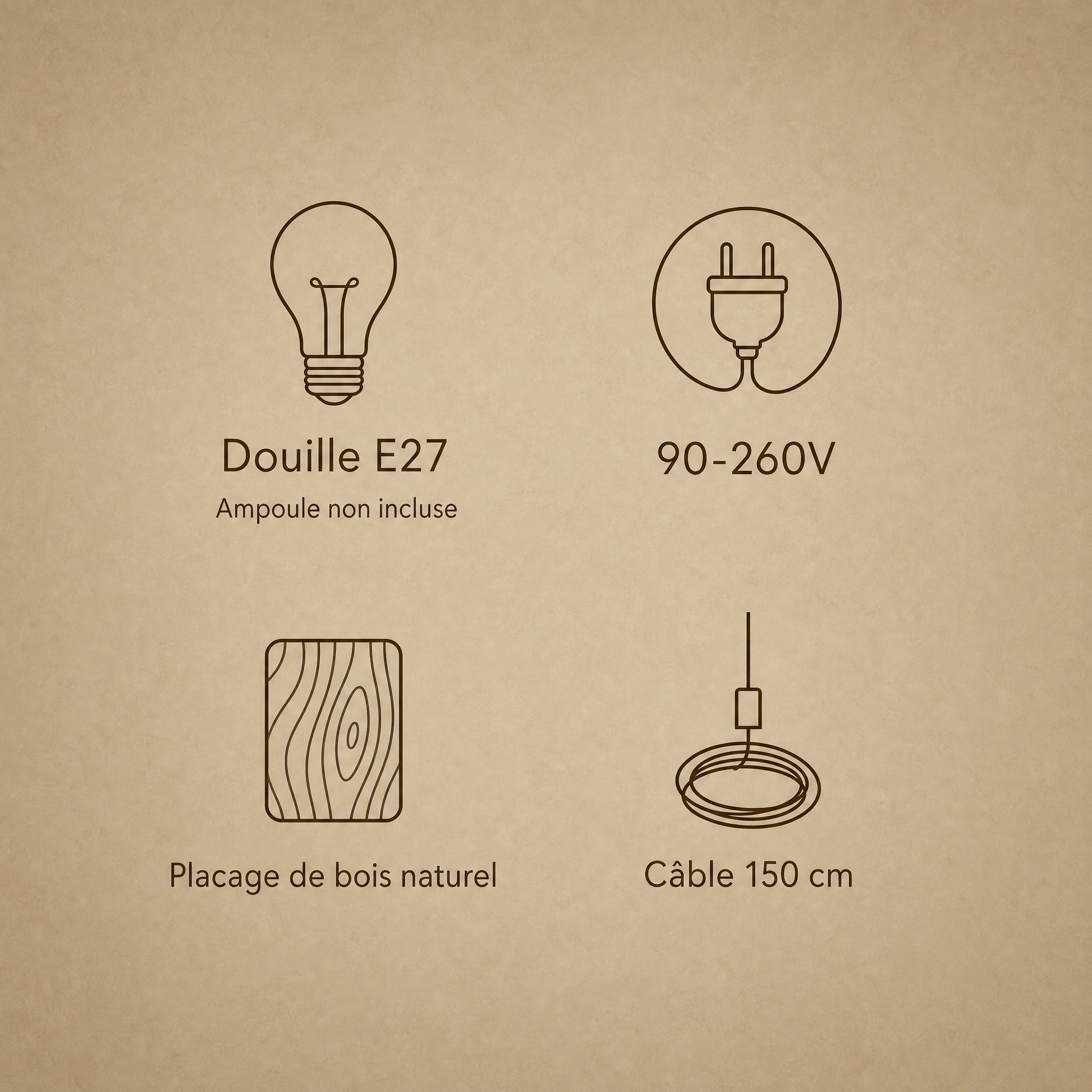 Caractéristiques du lustre bois Kumoya : douille E27, 90-260V, placage de bois naturel, câble 150 cm | Delvanie