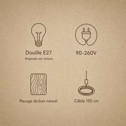 Caractéristiques du lustre bois Kumoya : douille E27, 90-260V, placage de bois naturel, câble 150 cm | Delvanie