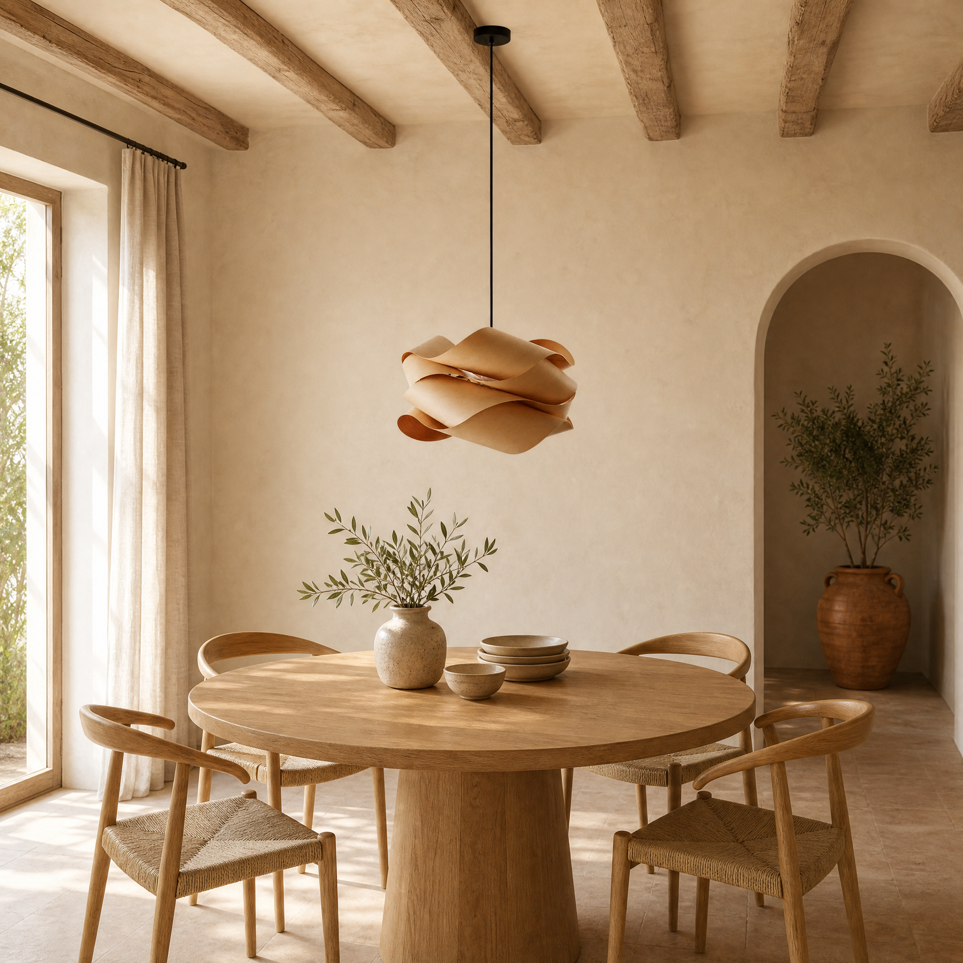Suspension nuage en bois Kumoya au-dessus d'une table ronde en chêne dans une salle à manger | Delvanie