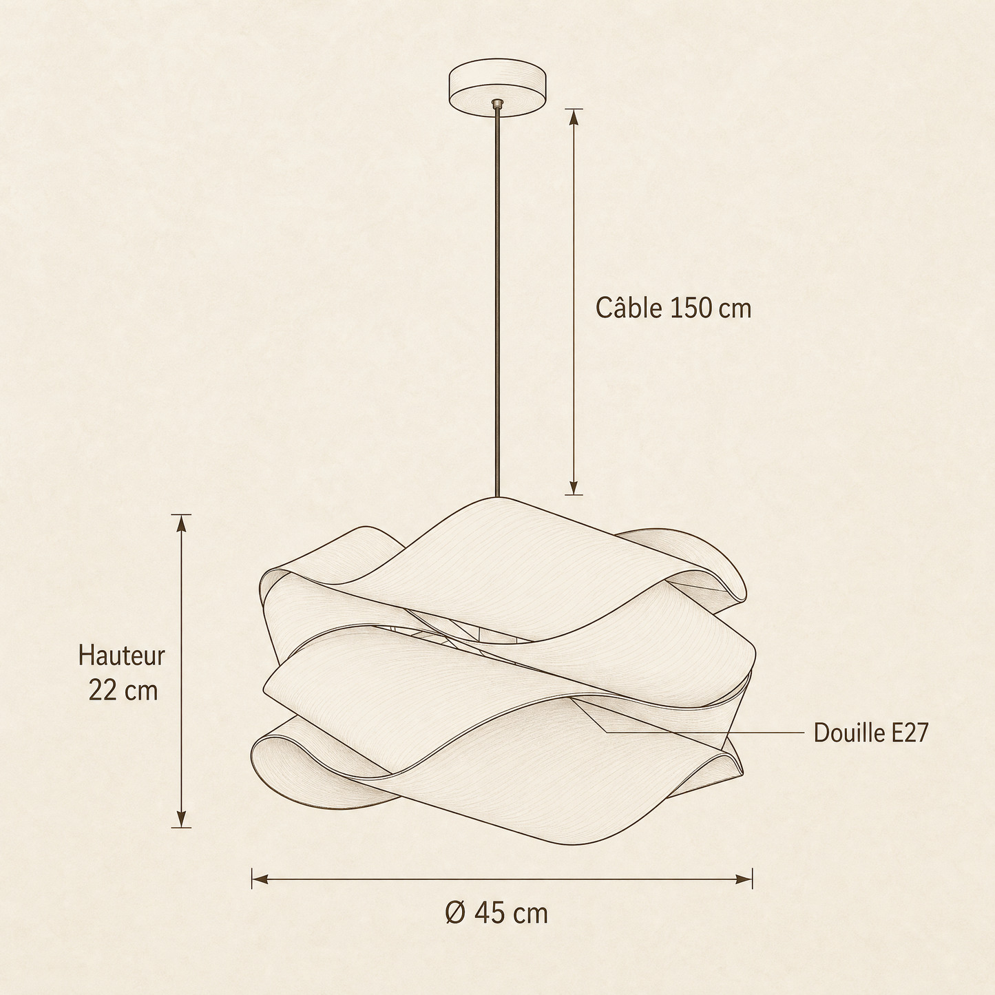 Schéma coté du lustre bois Kumoya : diamètre 45 cm, hauteur 22 cm, câble 150 cm, douille E27 | Delvanie