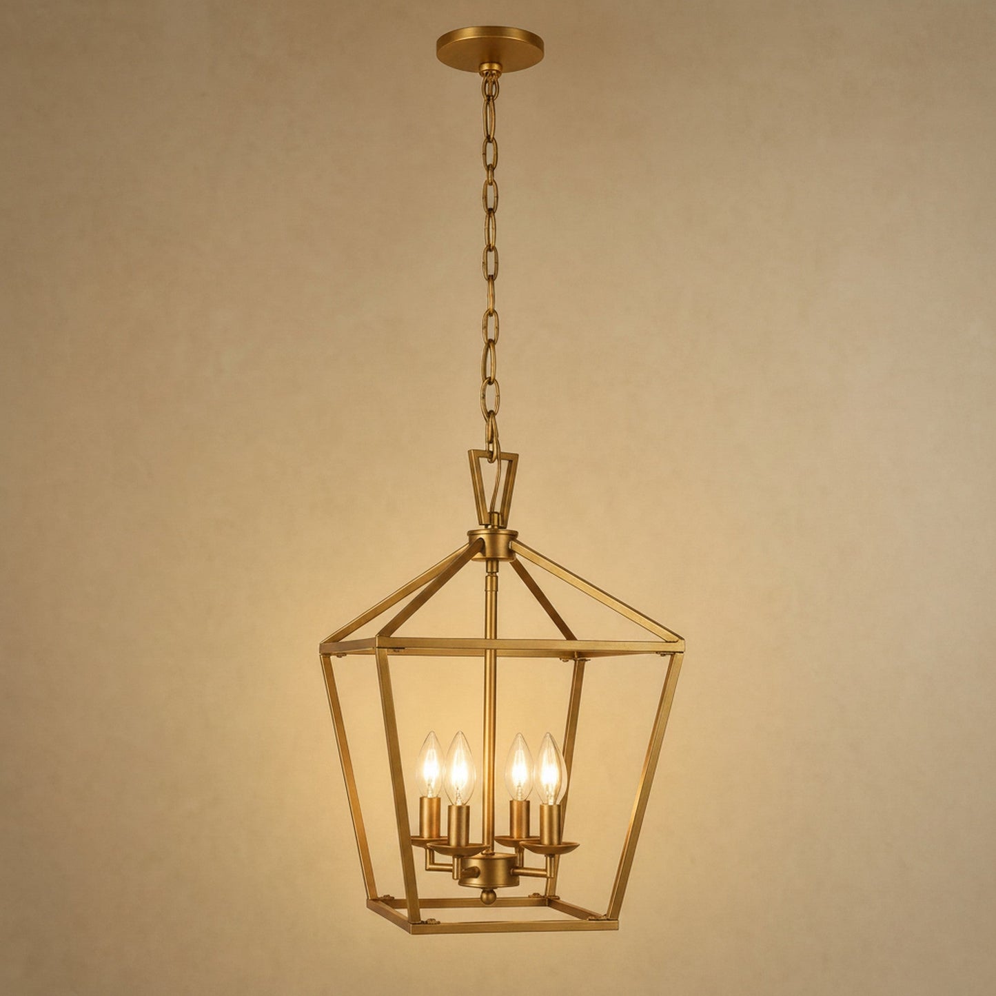 Lustre de couloir Serlino, lanterne cage en métal doré satiné à quatre flammes | Delvanie