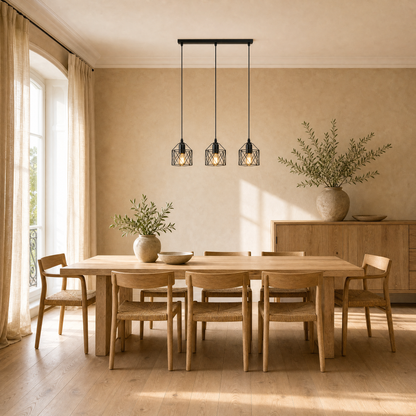 Lustre cuisine Feroya au-dessus d'une table de salle à manger baignée de lumière | Delvanie
