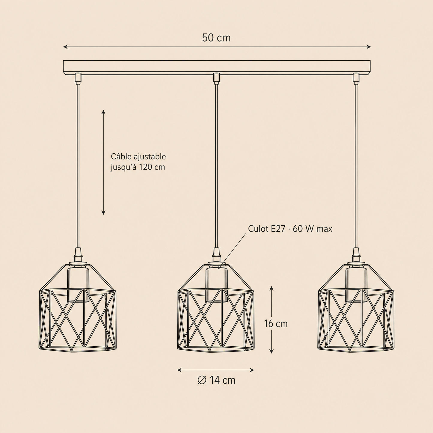 Schéma coté du lustre Feroya, barre 50 cm, cages Ø 14 cm, hauteur 16 cm, câble 120 cm | Delvanie