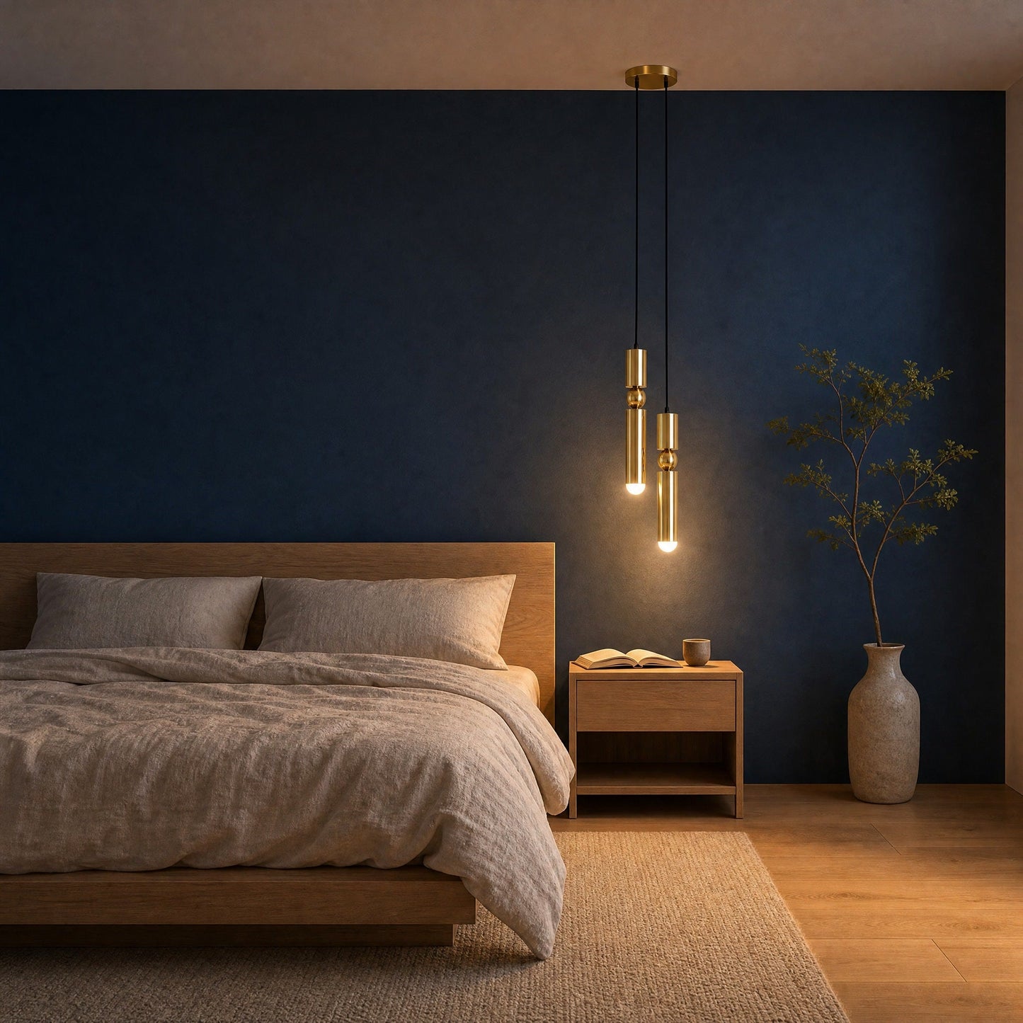 Lustre moderne Sumiro allumé au-dessus d'un chevet, chambre au mur bleu de Prusse | Delvanie
